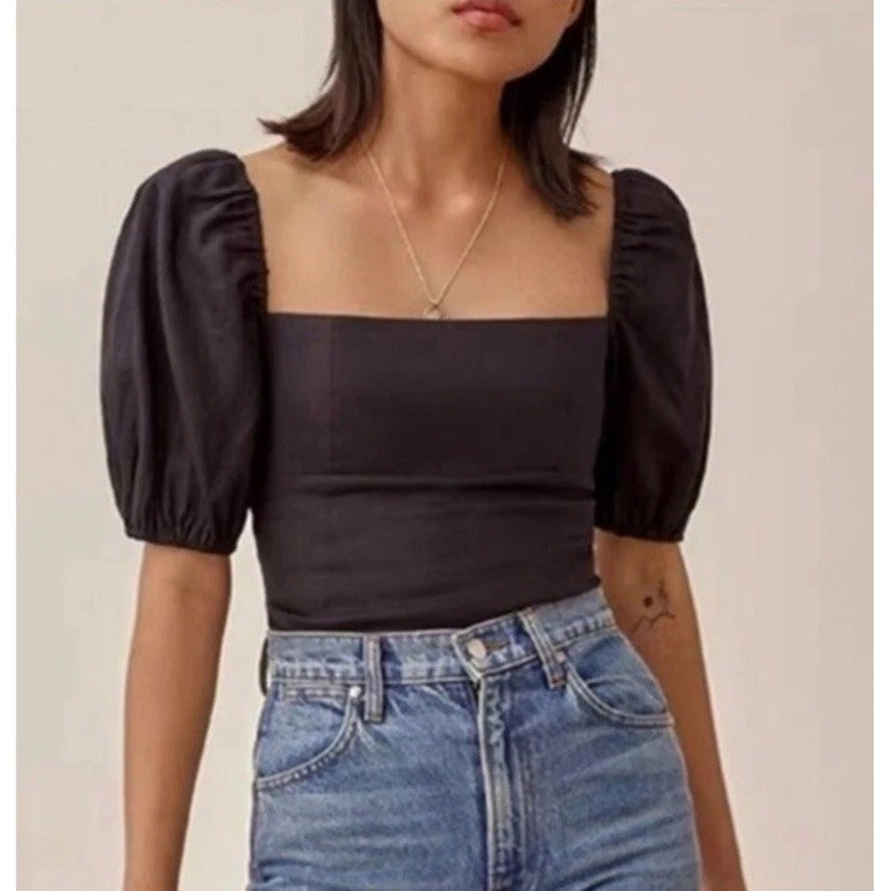 Reformation Black Arancini Smocked Puff Sleeve Linen Top Square Neckline Size 2